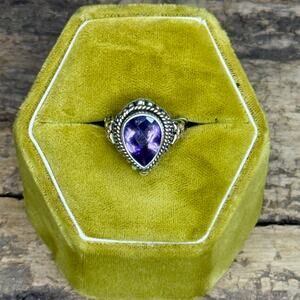 925 Sterling Silver & 14K Gold Amethyst Ring Size 7 Pear Cut 10g Statement